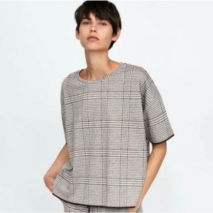 ZARA Perfect Basics brown plaid Glen short sleeve top NEW WITH TAGS